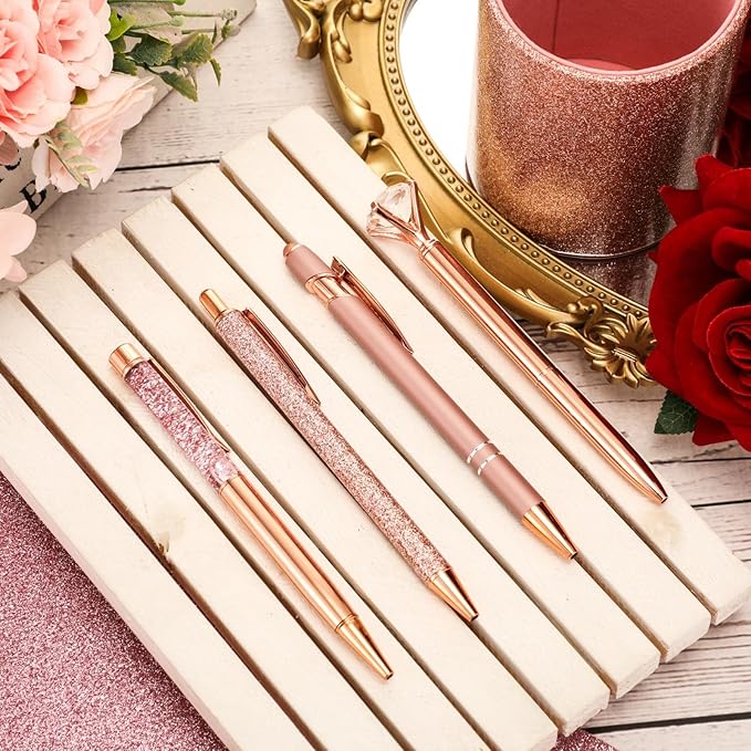 Sabary 8 Pcs Rose Gold Pens with Pen Holder for Desk Glitter Crystal Diamond Cute Ballpoint Fancy Pencil Holder Bling Desk Organizer for Women Girls School Office Supplies Wedding Graduation Gifts