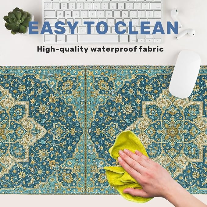 Persian Desk Mat Gaming Large Mouse Pad Teal Gold Ornate Floral Botanical Mousepad Computer Keyboard Pad Mouse Mat Laptop Mat 31.5 x 11.8 Mouse Pads for Desk Home Office Gaming