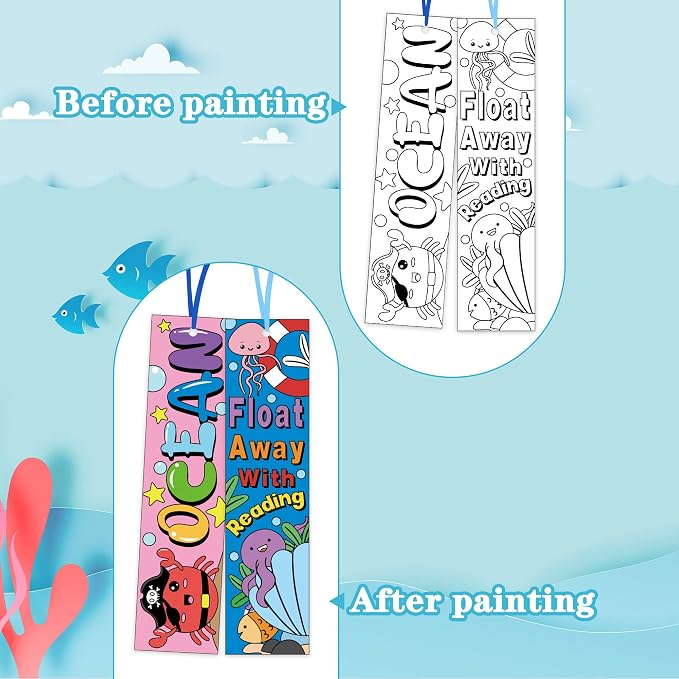 Haooryx Sea Animal Color Your Own Bookmarks - 72Pcs Kids Coloring Blank Bookmarks Creative DIY Book Marker Paper Art Craft Supplies Teachers Students Rewards Reading Enthusiasts Summer Birthday Gifts