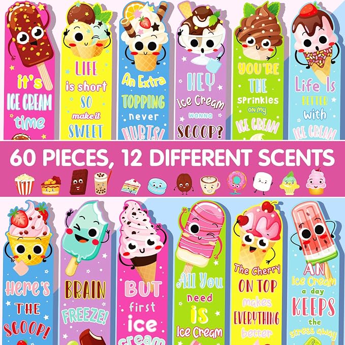 Fainne 60 Pieces Ice Cream Scented Bookmarks Kids Bulk Scratch and Sniff Classroom Valentines Back to School Bookmarks Gift Stuff for Students Christmas End of Year Graduation Birthday Favor