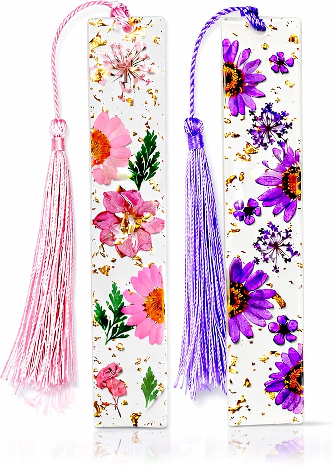 Pressed Flower Bookmarks (2 Pack) Clear Dried Floral Resin with Tassels Handmade Gift for Women, Students, Bookworms, Book Lovers, Accessories to Increase Reading Interest