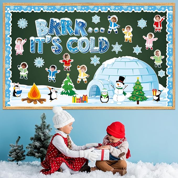 Winter Bulletin Board Decorations Christmas Snowflakes Snowman Penguin Cutouts DIY Photo Paper Cutouts Brrr It’s Cold Holiday Decor for Christmas Chalkboard School Home Wall Teacher Supplies