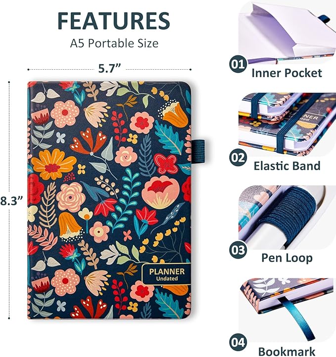 Comkiso Undated Weekly and Monthly Planner with Adhesive Tabs, A5 Dateless Academic Planner for Women & Men Daily Planning, Hardcover Leather All In One Planner for Home School Work Organizer (Boho)
