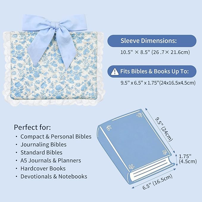 Vintage Blue Floral Quilted Bible Cover for Women – Fits Standard Size Bible Book Padded Protector Washable Cotton Bag with Elegant Lace Trim & Bow Handle – Includes Interior Zipper Pocket