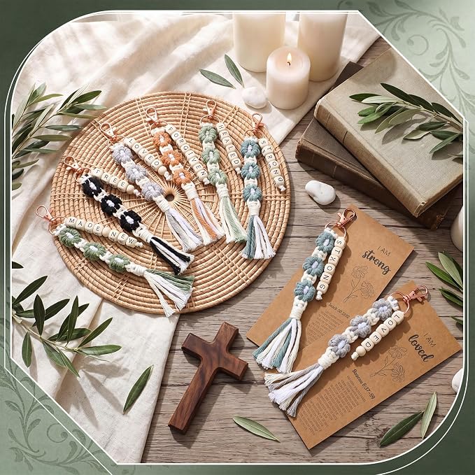 Gerrii 12 Set Back to School Keychains Bulk Christian Gifts for Women Christian Faith Bookmarks with Inspirational Bible Verses Macrame Tassel Keychain Classroom Prize Bible Verse Gift (Dark)