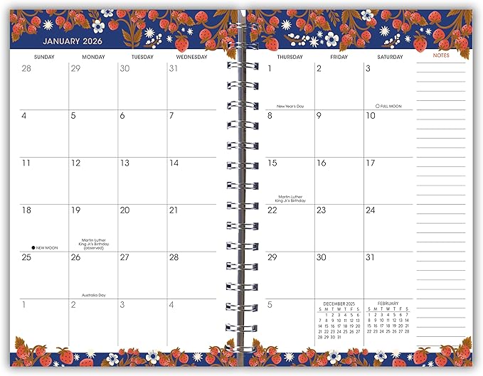 2026 Weekly & Monthly Planner, Botanical Fruit and Floral Design, 12-Month Engagement Calendar: 2026, 6" x 9", Strawberry Fields