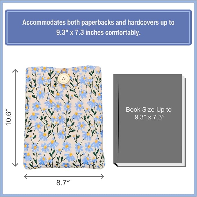 Daisy Embroidered Canvas Book Sleeve - Elegant Book Cover, Cotton Padded Protector for Paperbacks & Hardcovers, Ideal for Book Lovers, 10.6x8.7 inches, Wooden Button (Blue & Beige)