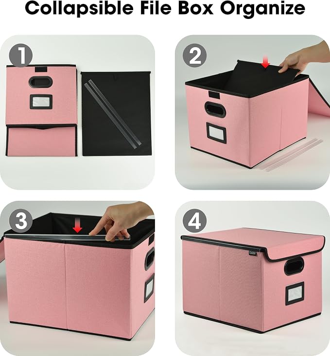 Qerlei File Organizer Boxes with Lids,Collapsible File Folder Organizer with Plastic Slide,Collapsible Filing & Storage Boxes for Office/Decor/Home (Pink, 2 Pack)