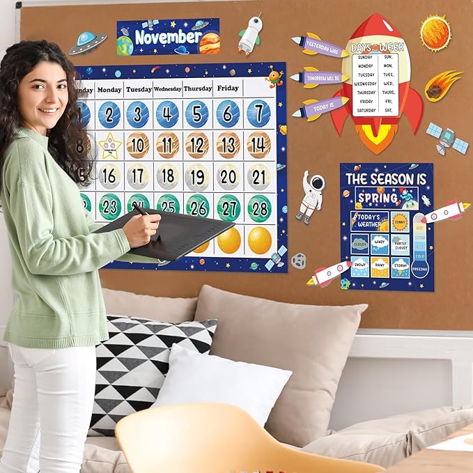 Space Calendar Bulletin Board Set for Classroom Decoration Outer Space Calendar Seasons Weather Chart Rocket Astronaut CTP Bulletin Board Paper-Cuts for Teachers Elementary School Classroom