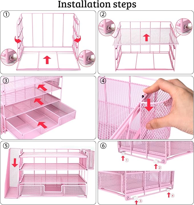 ATOMUS 4 Tier Desk Organizer, File Organizer Drawer Organizer with 2 Hanging Pen Holders Accessories & Workspace Organizers for Office Supplies Pull-Out Design (Pink)