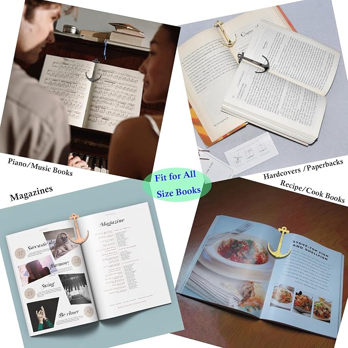 Anchor Page Holder for Hands Free Reading Bookmark Book Opener Reader Gift Metal Portable Music Recipe Book Hardcovers Paperbacks Magazines Clip Accessories, Black