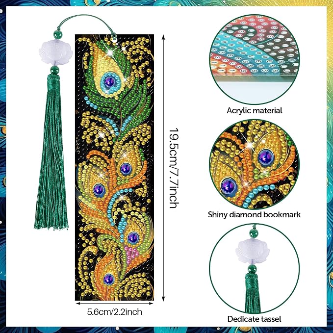 8 Pieces Christian Bible Verse Diamond Art Bookmarks 5d Christian Beaded Bookmark Acrylic Tassel Bookmark for DIY Making Beginners Adults Arts Craft Supplies (Feathers)