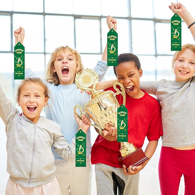 Taiyin 25 Pcs Science Fair Participant Award Ribbons with Event Card String Green Participation Prize Ribbons for Science Fair Competition Event School Team