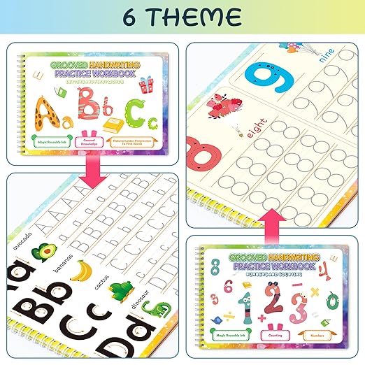 Magic Grooved Writing Practice Books, Grooved Handwriting Practice for Kids 3+, Preschool Learning Activities (6 Books with Pens)