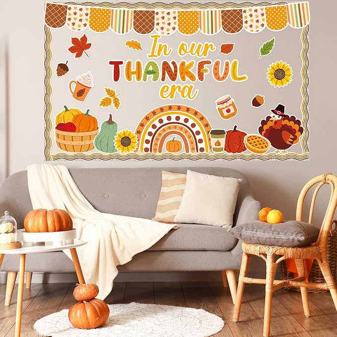 Thanksgiving Turkey Bulletin Board Decorations Pumpkin Maple Leaves Paper Cutouts in Our Thankful Era Bulletin Board Set Fall Party Supplies for Autumn School Chalkboard Wall Window Decoration Favor