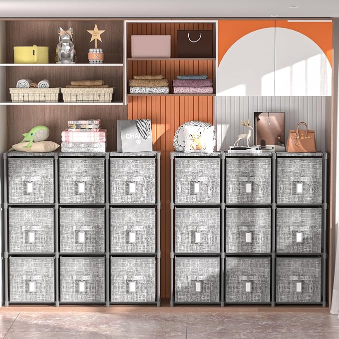 LUKYTOWER 9 Cube Closet Organizer with Beautiful Printed Drawers + Labels,Adjustable Modular Storage Shelf, Toy Cubby Organizer