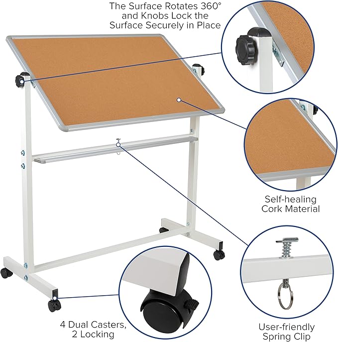 BizChair Reversible Mobile Cork Bulletin Board and White Board with Pen Tray, 53"W x 59"H