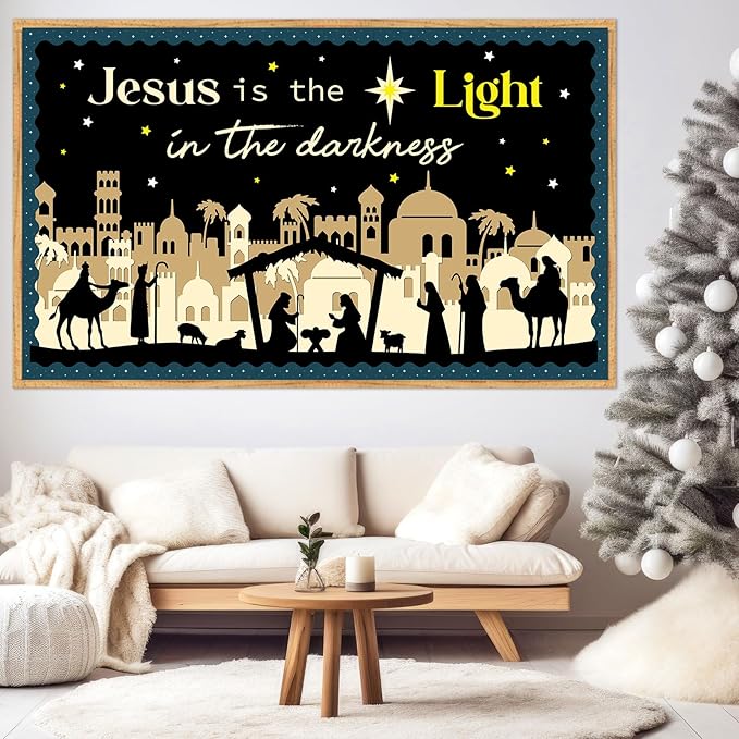 Christmas Religious Bulletin Board Jesus Lights Cutout Nativity Classroom Decoration Christian Bulletin Board for School Classroom Home Chalkboard Wall Door Décor Christmas Holiday Party Supplies