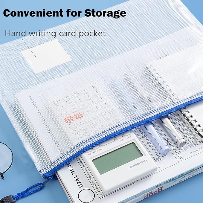 12 Pack Letter/A4 Size Mesh Zipper Pouch Bags with Label Pocket, Zip-lock Tuff Bag for Documents Classroom Travel Organizing, Puzzle Board Game Storage – 13.4×9.5 Inch