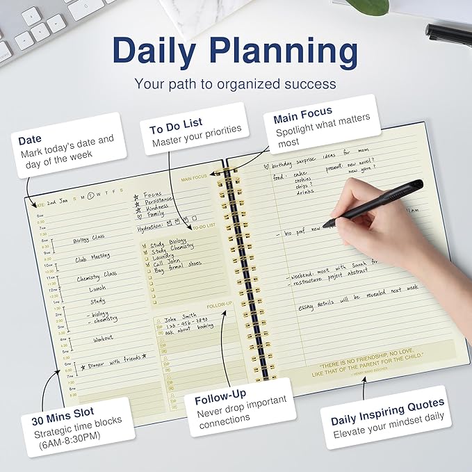AuroPlanner Undated Daily Planner To Do List Hourly Schedule 2027 2026 2025 Calendar & Holiday Habit Tracker 180 Pages Letter Size 8.5" x 11" Sheets Hardcover Spiral Bound Notebook (Navy Blue)