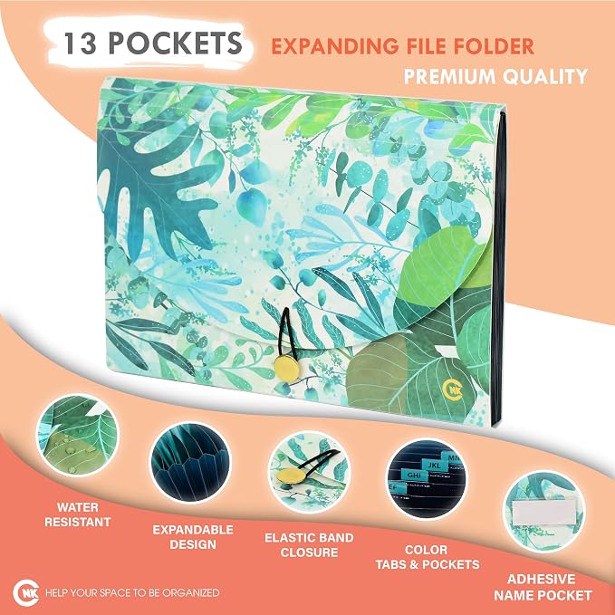 CNK File Folders Organizer with 13 Pockets Accordion Expanding Folder Documents Receipt Document Paper Pocket Filing Accordian Important Expandable Holder Files Alphabetical Labels Letter