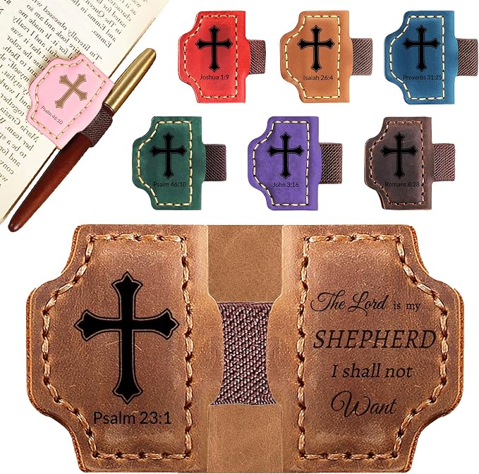Personalized Leather Bookmark with Pen Holder - Magnetic Bible Verse Design, Christian Book Lovers Reading Accessory, for Book Lovers Men Women (Brown, Psalm 23:1)