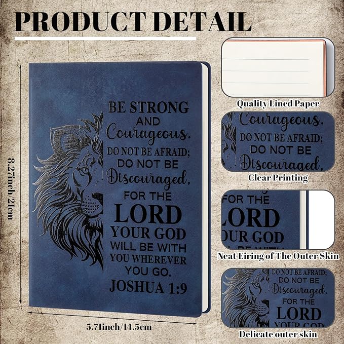 Fuyoooo 4 Pcs Christian Gifts for Men Father's Day Pastor Appreciation Gifts Vintage Leather Hardcover Notebook 1 Timothy 6:11 Religious Bible Verse Pen Joshua 1:9 Bookmark & Box(Lion,Blue)