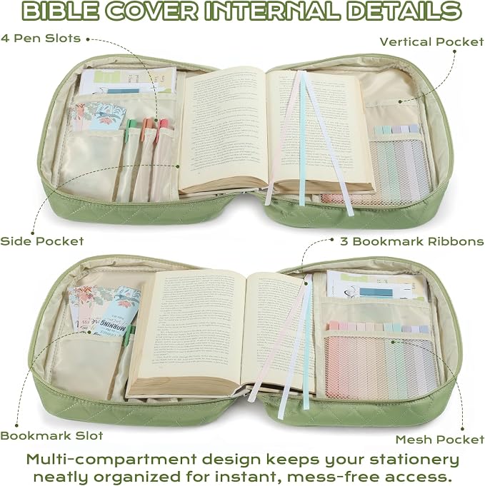 XKDOUS Quilted Bible Cover Case with Bible Study Accessories Kit, Waterproof Large Capacity Bible Bag for Women Men, Portable for Church Study, Multiple Morandi Color Options (Green)