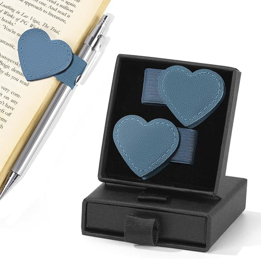 2Pcs Magnetic Leather Heart Bookmarks with Pen Holder, Cute Book Markers Clip with Gift Box, Reading Accessories for Book Lovers Women Teachers Students, Blue