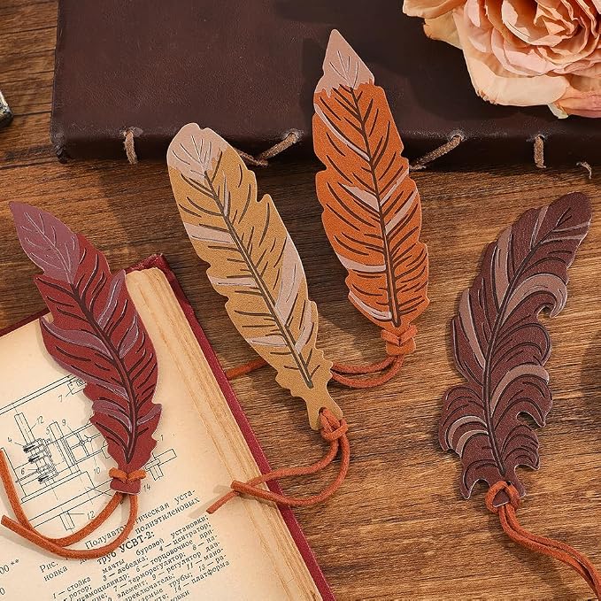icceemee 4pcs Leather Feather Bookmarks with Bookmarks for Women, Writers, Readers Durable Book Markers Book Accessories Unique Gifts for Men, Women