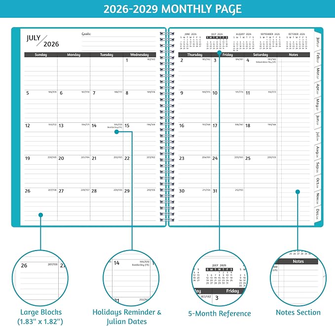 Monthly Planner 2026-2029, 36 Months Calendar Planner 2026-2029 from Jul 2026 – Jun 2029, 8.5'' x 11'' with Ruled Spread, Flexible Cover, Spiral Wirebound, Pocket, Coated Tabs, Notes ＆ Habit Tracker