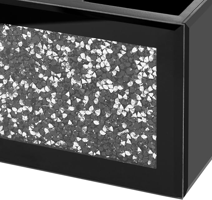 SHYFOY Remote Control Holder, 3 Compartments Glass TV Remoter Caddy Crushed Diamond Desktop Organizer Makeup Brush Holder Storage Fits TV Remotes, Media Controllers, Office Supplies(Black)