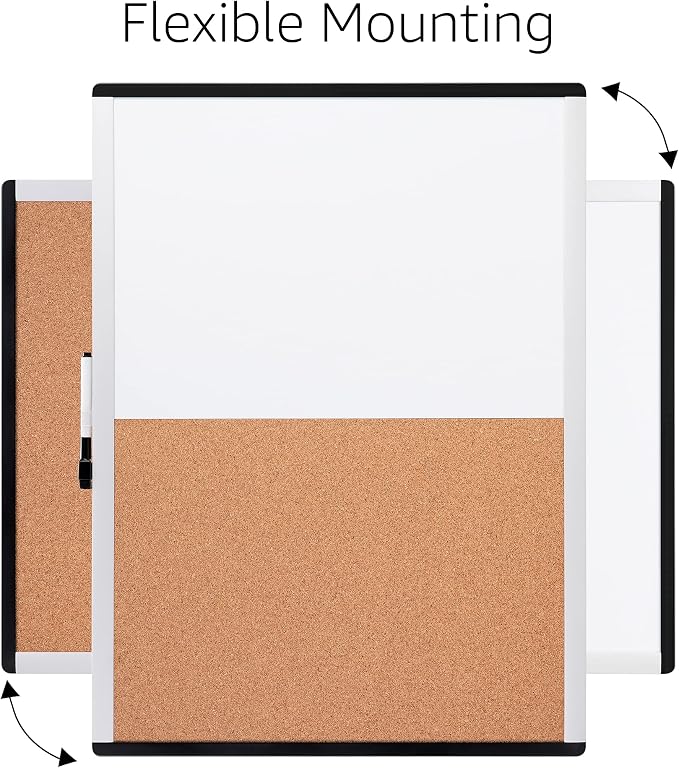 Amazon Basics Magnetic Dry Erase Whiteboard & Cork Board Combo, Double-Sided, Lightweight, Easy to Install, Plastic/Aluminum Frame, 17" x 23"