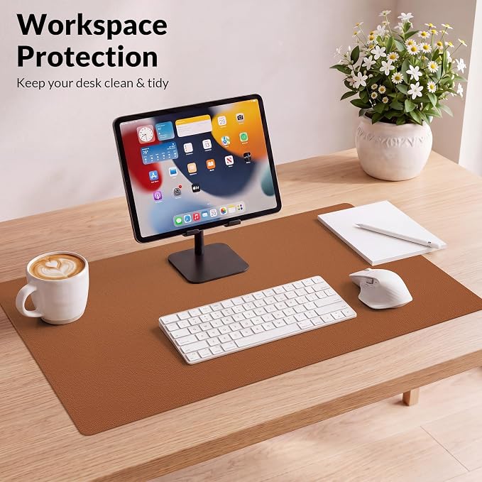 AFIING Leather Desk Mat 35.4" x 17", Brown | Dual-Sided Cork & PU Leather, Large Mouse Pad, Non-Slip & Waterproof