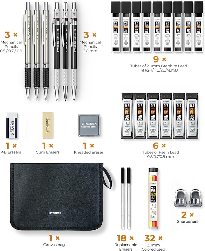 STAGEEK Drawing Pencil Set with Canvas Bag 30 Count, Mechanical Pencils 0.5, 0.7, 0.9MM & 3PCS 2MM Sketch Pencils with 464PCS Lead Refills (6B 4B 2B HB 2H 4H Color) for Artist Drafting Drawing