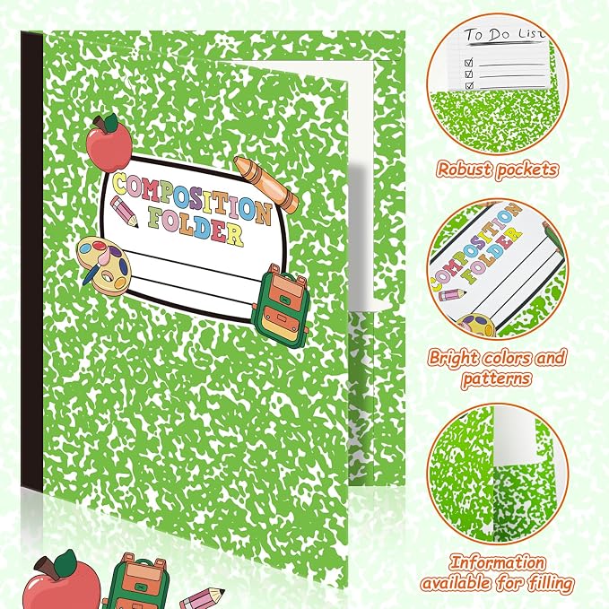 Cinrobiye 24 Pack Inspirational Composition 2 Pocket Folders Decorative Pocket Folder Motivational Letter Size Kids Folders File with Pockets for Office Home Homework Documents
