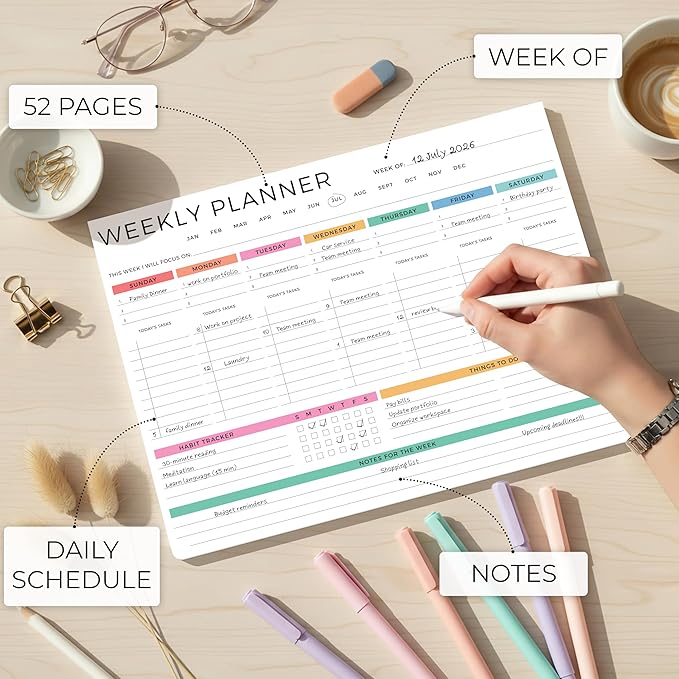 Beautiful Weekly Planner - The Perfect Undated To Do List Notepad with 52 Sheets - Aesthetic Calendar Pad & Office Desk Supplies For Women to Effectively Organize Your Work or Home Tasks