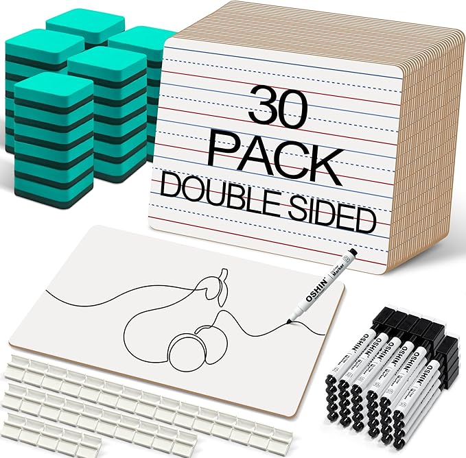 30 Pack Small White Boards, 9"x12" Double Sided Personal Dry Erase Boards Portable Handheld Whiteboards with Lines for Kids, Students, Teacher School, Include 30 Markers, 30 Erasers