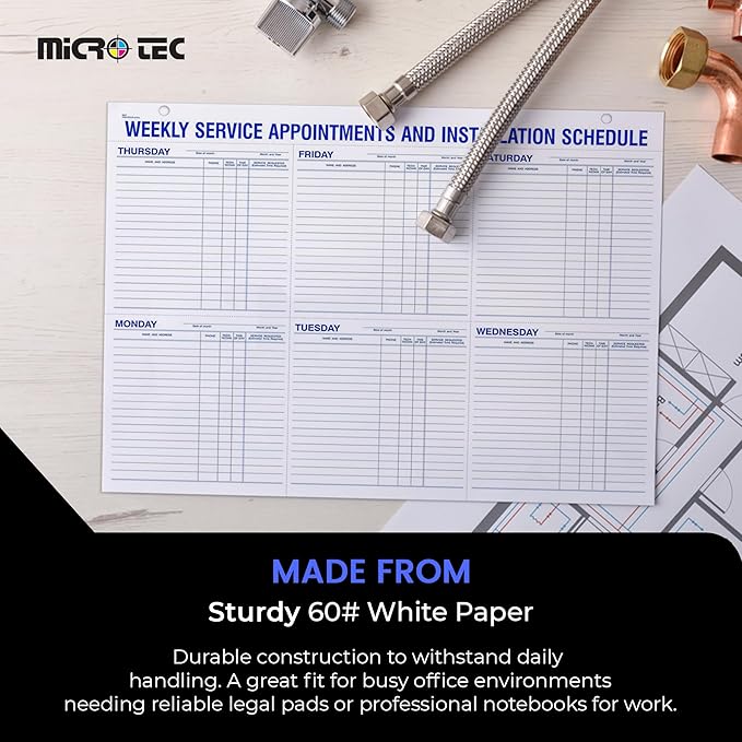 Weekly Service Appointment Schedule Pad 22 x 17 Desk Planner - Installation Scheduling Notepad, Technician Work Schedule Desk Pad, Perforated Office Appointment Log - 4 Pad (52 Sheets Per Pad)
