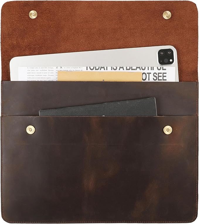 Leather Tablet Sleeve - 11/12.9/13 Inch iPad Pro Sleeve, Document Holder Folio File Holder, Genuine Leather iPad Case for Protection and Style-Dark Khaki