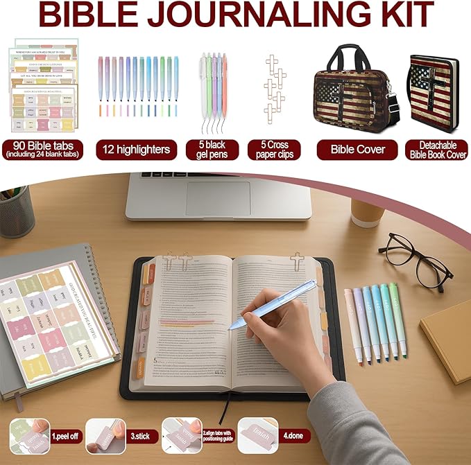 American Flag Cross Bible Cover Case for Women Men Boys, Large Bible Bag Book Carrying Case with Strap & Handle Zipper Pocket, Bible Study Supplies Journaling Kit, Highlighters and Pens Cross Clips