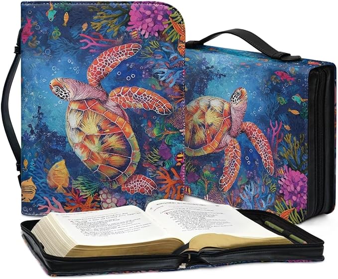 Sea Turtle Bible Cover Bible Case Girls Bible Bags Flower Print Bible Cover with Handles Carrying Book Case Church Bag Bible Study Accessories size：M