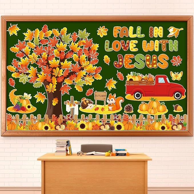 gisgfim Fall Thanksgiving Bulletin Board Decorations Fall in Love with Jesus Paper Cutout Christian Tree Bulletin Board Set for Religious Autumn Church Sunday School Classroom Home Wall Decor Supplies