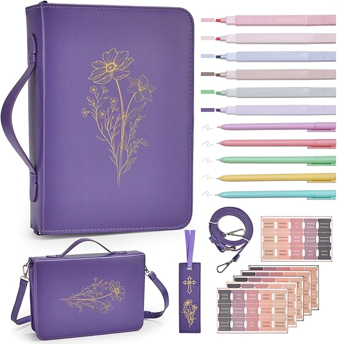 19PCS Floral Purple Leather Bible Cover for Women Bible Cover Cases for Teen Girls Christmas Gift Christian Church Carrying Bag Journaling Kit with Shoulder Strap Highlighter Pens & Book Marker