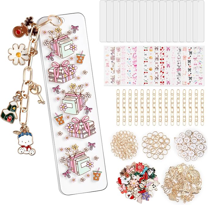 253 Pcs Bow Acrylic Bookmark Blanks(2mm) Thicken 15 DIY Bookmark Making 17 Bow UV DTF Sticker 76 Charms 15 Extender Chains and 130 Jump Ring Suitable for DIY Crafts Gifts