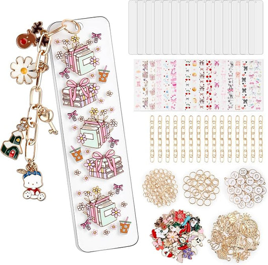 253 Pcs Bow Acrylic Bookmark Blanks(2mm) Thicken 15 DIY Bookmark Making 17 Bow UV DTF Sticker 76 Charms 15 Extender Chains and 130 Jump Ring Suitable for DIY Crafts Gifts