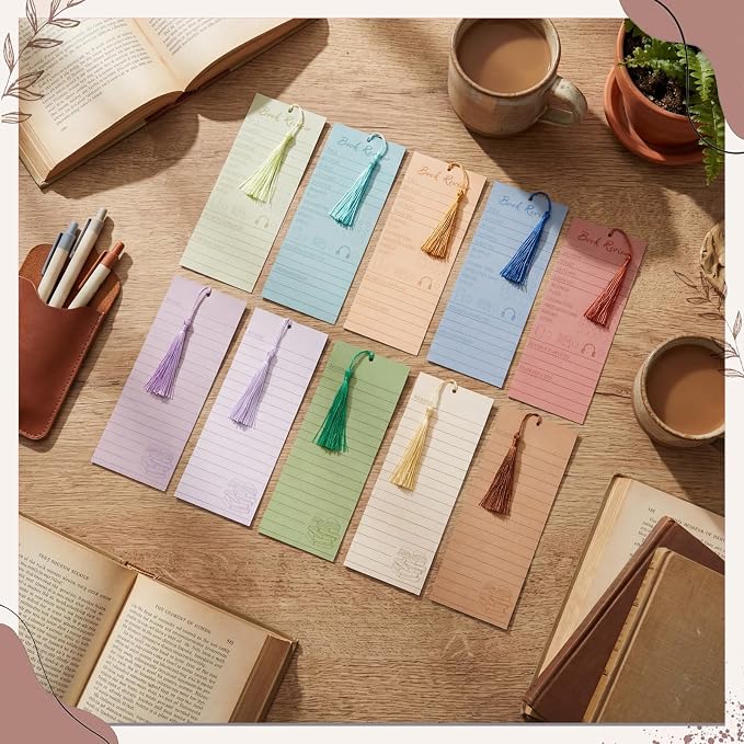 50 pcs Colorful Book Review Bookmarks with 50 Bookmark Tassels Book Tracker Reading Log Page for Readers Bookish Bookworm Gift, Reading Page Tracker for Students Teachers Women(Retro)