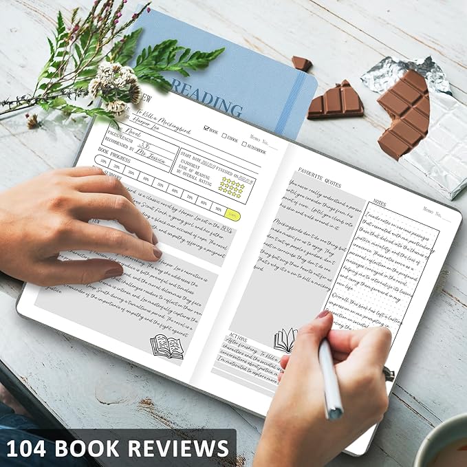Reading Journal with 104 Book Reviews, Book Journal for Books Lovers & Readers - Review and Track Your Reading Progress, Reading Log Notebook Gift, A5, Blue