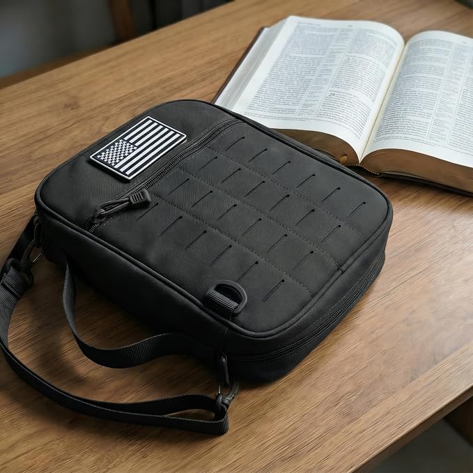 Tactical Bible Cover for Men, Large Bible Case with Shoulder Strap & US Flag Patch, Water Resistant Bible Carrier Bag with Handle, Multi Pockets for Church Study & Travel（Black）