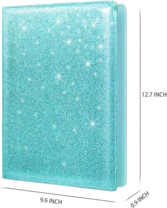 WAVEYU Glitter Portfolio Case for Women, Padfolio Cover for Women, Conference/Resume/Legal Document Organizer with Letter/A4 Size Clipboard Hardboard, Business Card Holders, Blue+Green